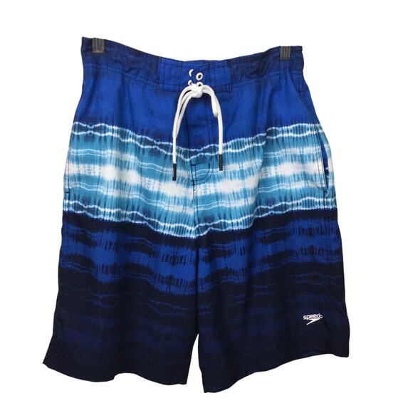 Speedo Blue Striped Hook and Loop Elastic Lined Pockets Swimming Trunks Men's M - Picture 1 of 12